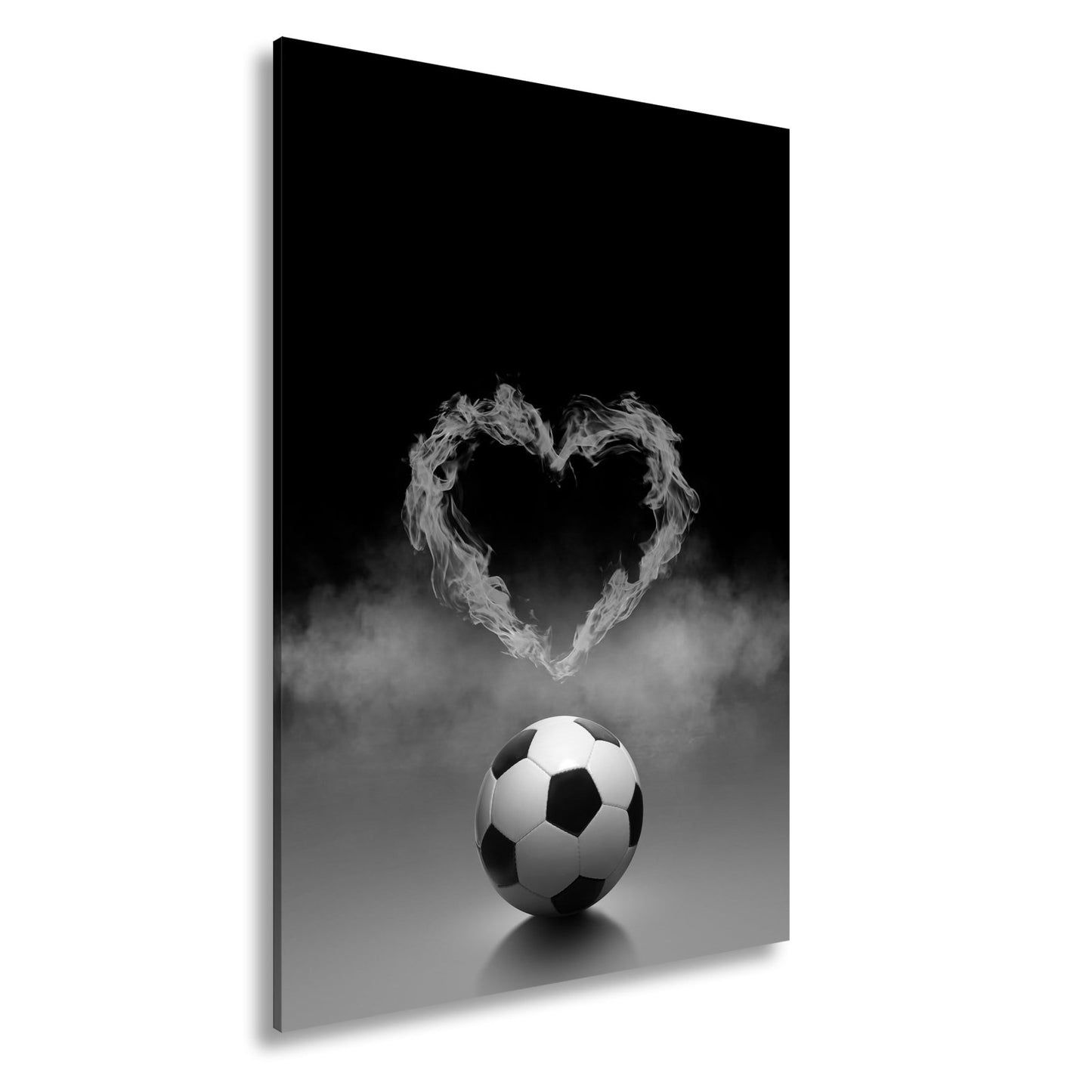 Leinwandbild Fußballliebe brennt – Herz aus Flammen über dem Spielball. - deyoli