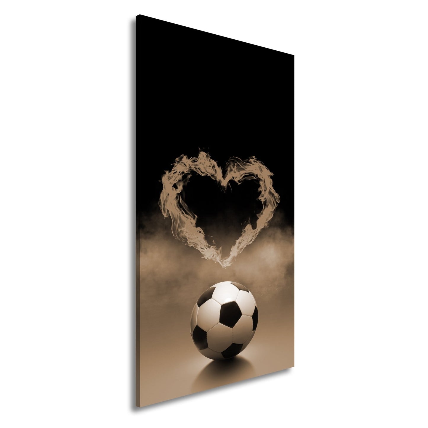Leinwandbild Fußballliebe brennt – Herz aus Flammen über dem Spielball. - deyoli
