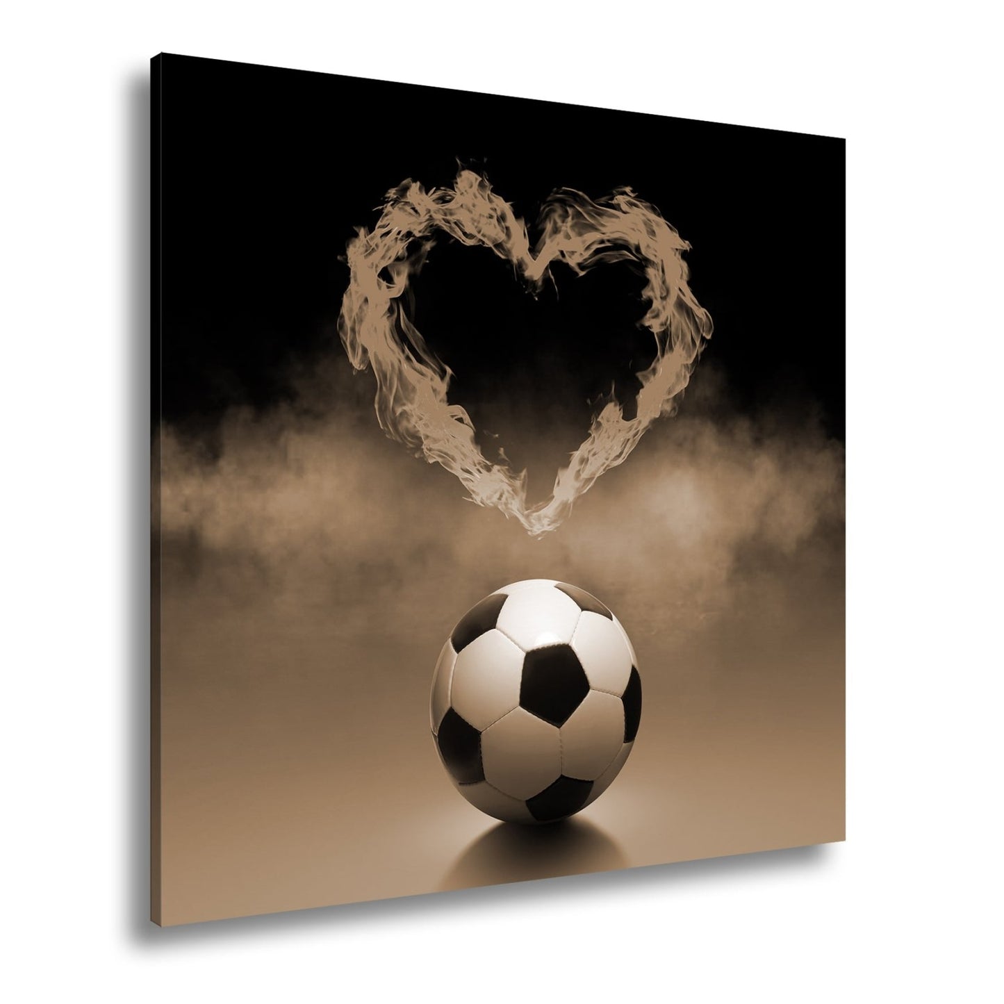 Leinwandbild Fußballliebe brennt – Herz aus Flammen über dem Spielball. - deyoli