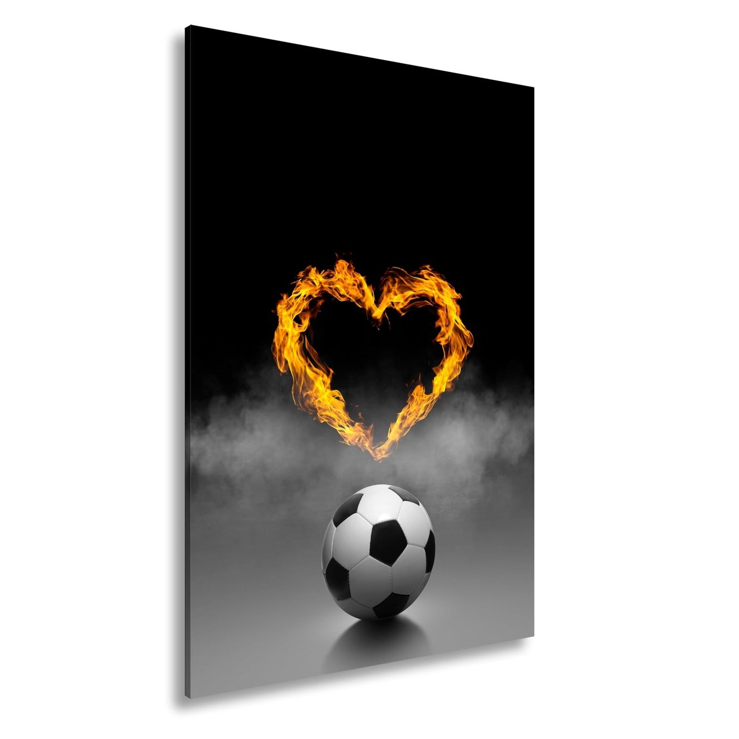 Leinwandbild Fußballliebe brennt – Herz aus Flammen über dem Spielball. - deyoli
