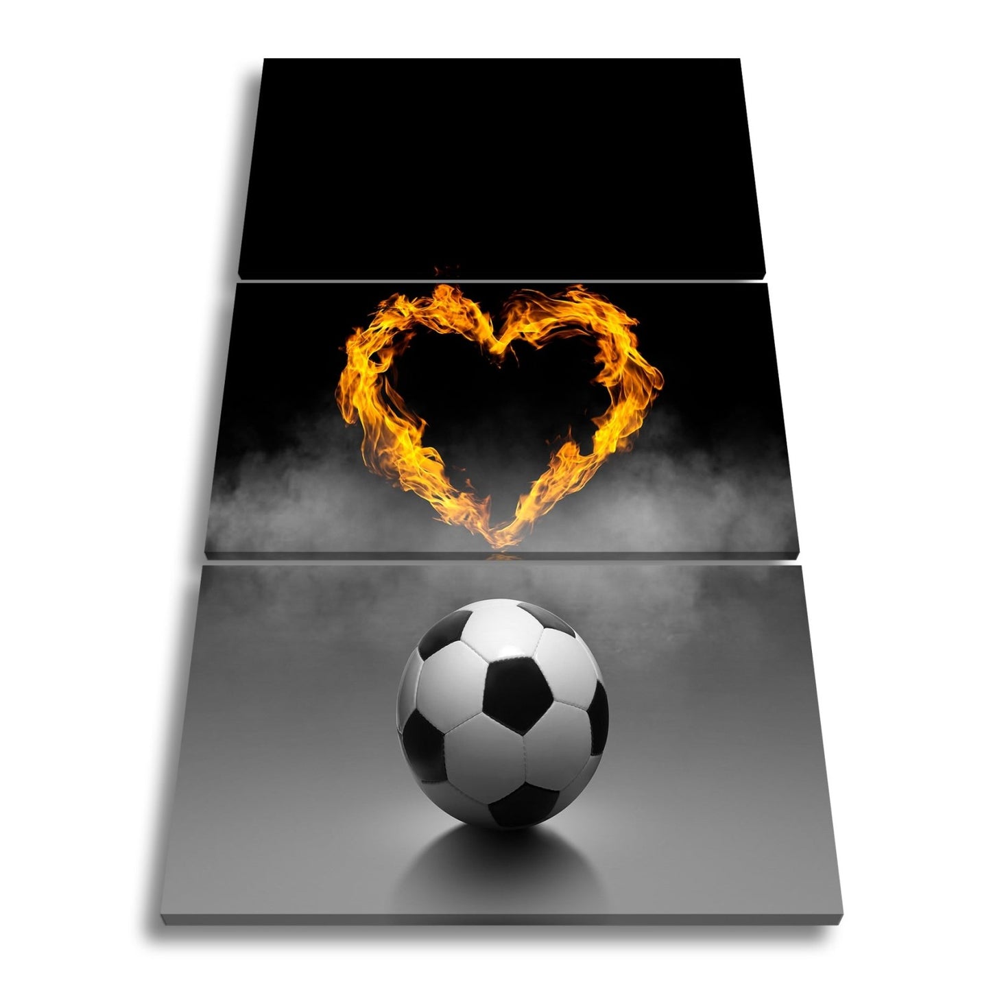 Leinwandbild Fußballliebe brennt – Herz aus Flammen über dem Spielball. - deyoli