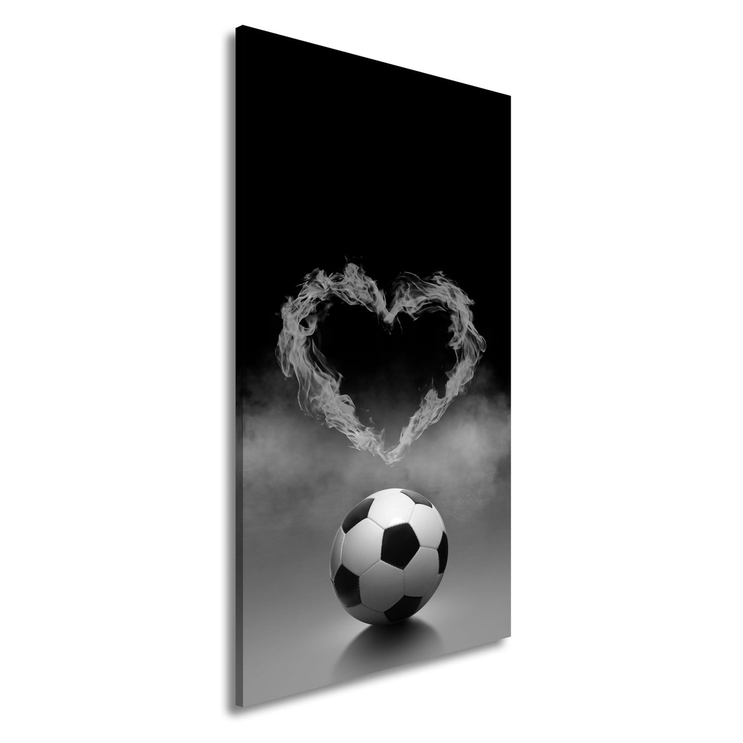 Leinwandbild Fußballliebe brennt – Herz aus Flammen über dem Spielball. - deyoli