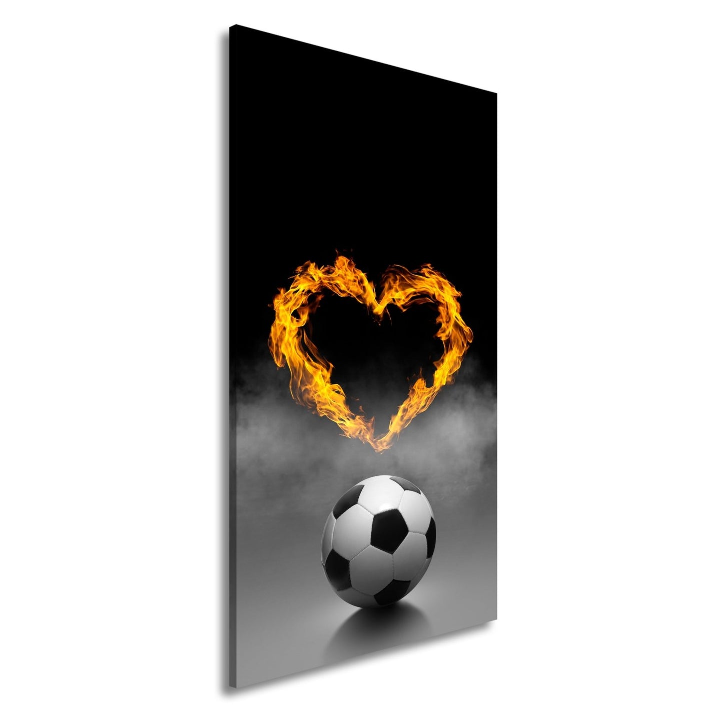 Leinwandbild Fußballliebe brennt – Herz aus Flammen über dem Spielball. - deyoli