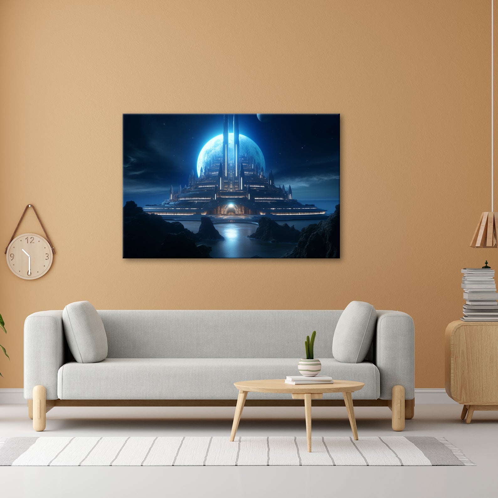 Leinwandbild Futuristische Mondstadt aus kaltem blauen Licht - deyoli