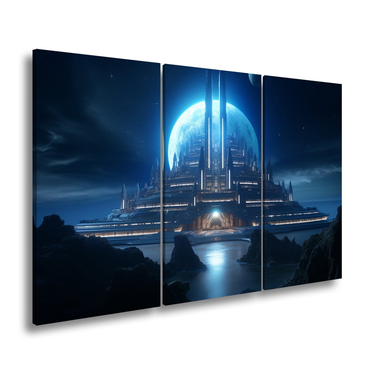Leinwandbild Futuristische Mondstadt aus kaltem blauen Licht - deyoli