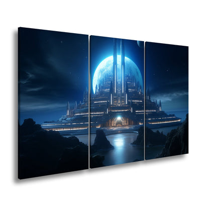 Leinwandbild Futuristische Mondstadt aus kaltem blauen Licht - deyoli