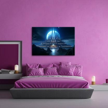 Leinwandbild Futuristische Mondstadt aus kaltem blauen Licht - deyoli