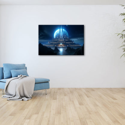 Leinwandbild Futuristische Mondstadt aus kaltem blauen Licht - deyoli