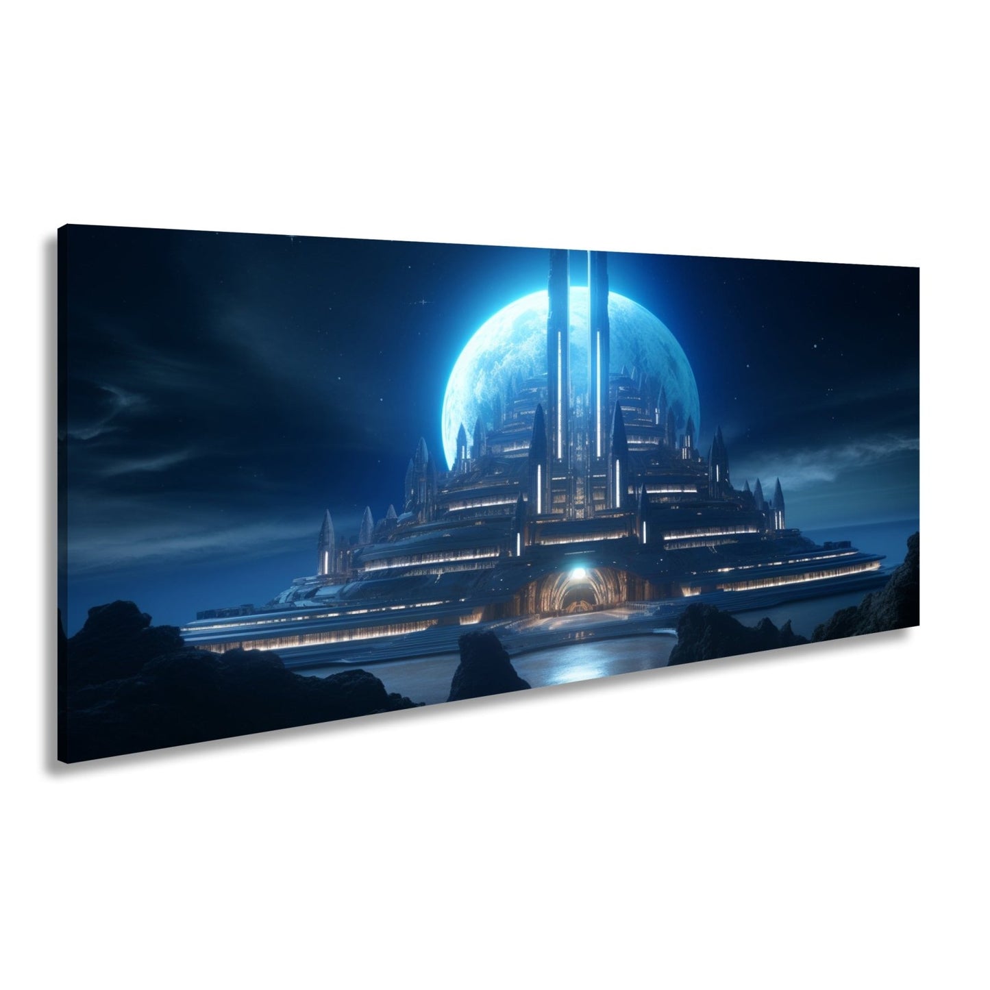Leinwandbild Futuristische Mondstadt aus kaltem blauen Licht - deyoli