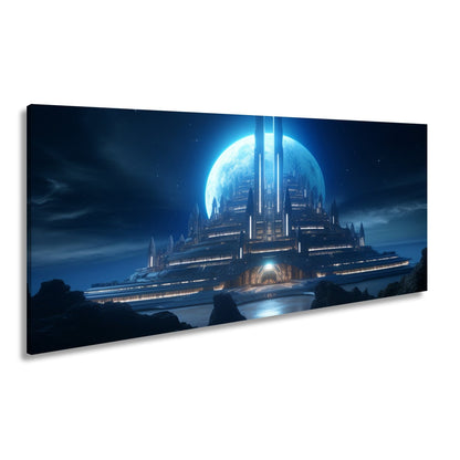 Leinwandbild Futuristische Mondstadt aus kaltem blauen Licht - deyoli