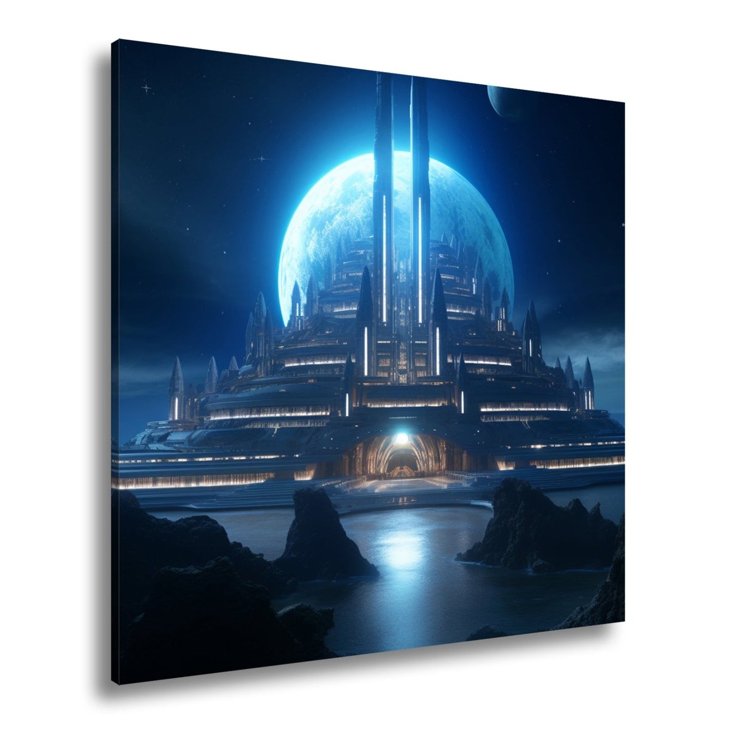 Leinwandbild Futuristische Mondstadt aus kaltem blauen Licht - deyoli
