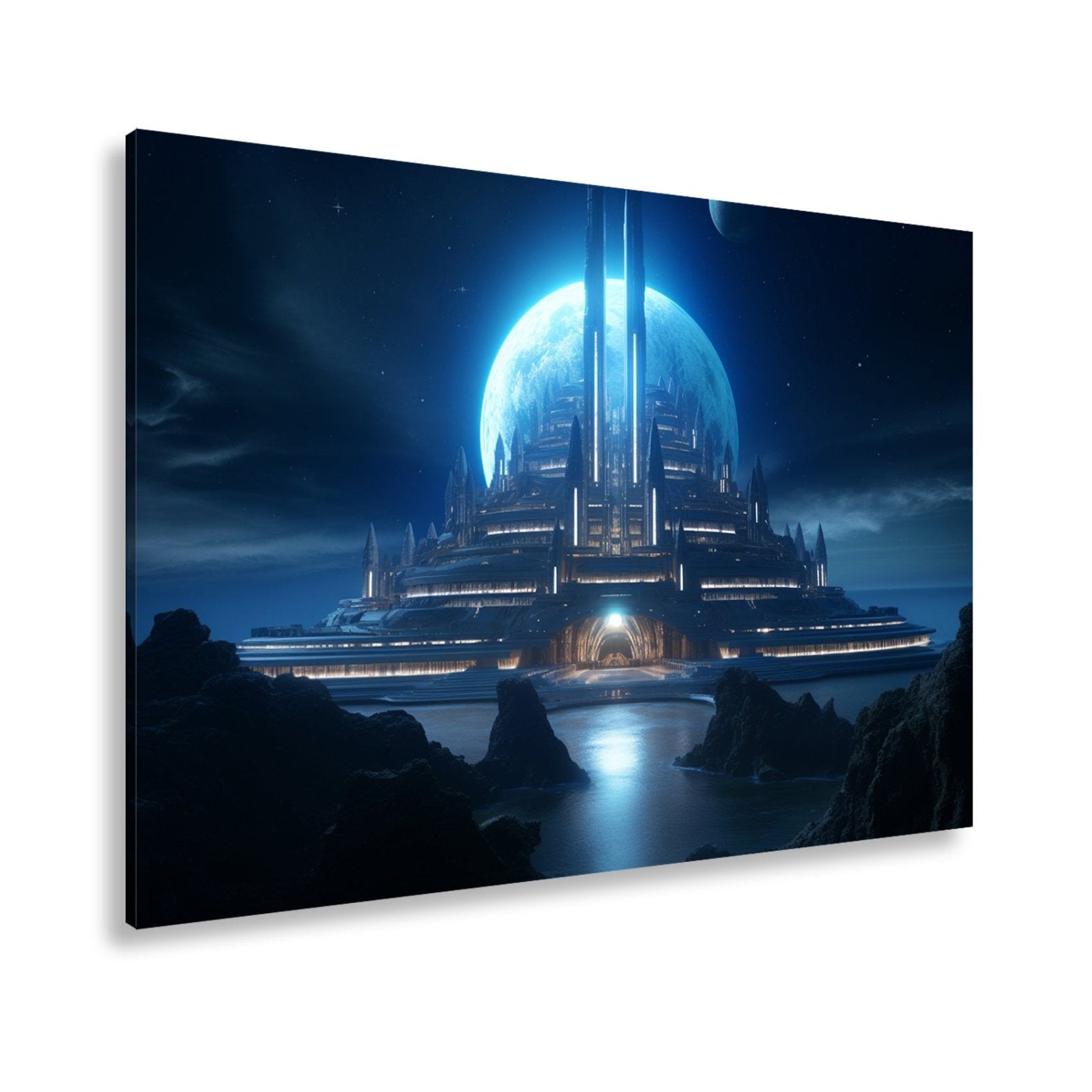 Leinwandbild Futuristische Mondstadt aus kaltem blauen Licht - deyoli