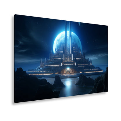 Leinwandbild Futuristische Mondstadt aus kaltem blauen Licht - deyoli
