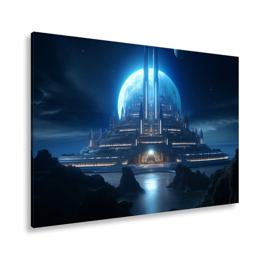 Leinwandbild Futuristische Mondstadt aus kaltem blauen Licht - deyoli