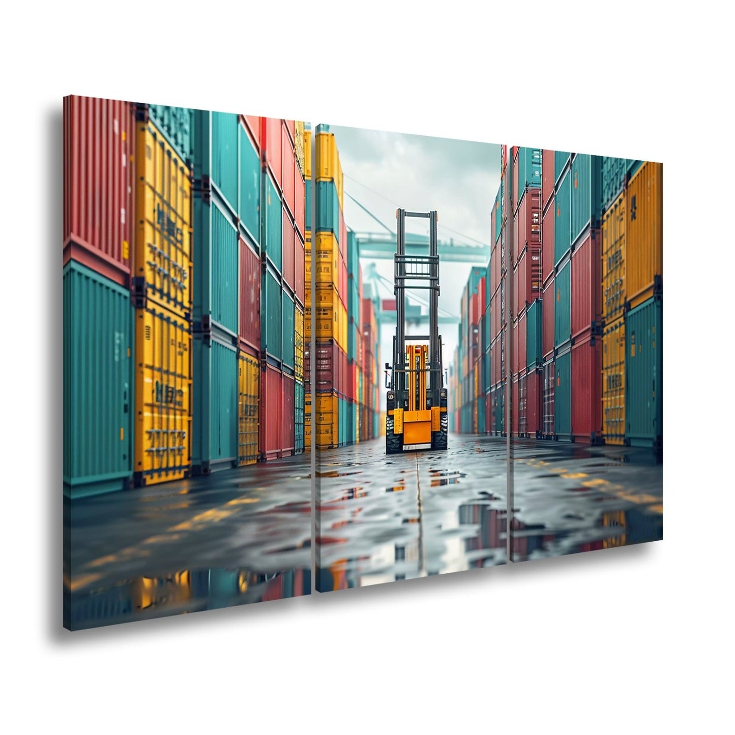 Leinwandbild Gabelstapler zwischen bunten Containern XXL – Industrie Wandbild - deyoli