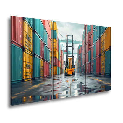 Leinwandbild Gabelstapler zwischen bunten Containern XXL – Industrie Wandbild - deyoli