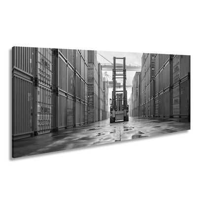 Leinwandbild Gabelstapler zwischen bunten Containern XXL – Industrie Wandbild - deyoli