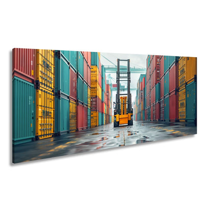 Leinwandbild Gabelstapler zwischen bunten Containern XXL – Industrie Wandbild - deyoli