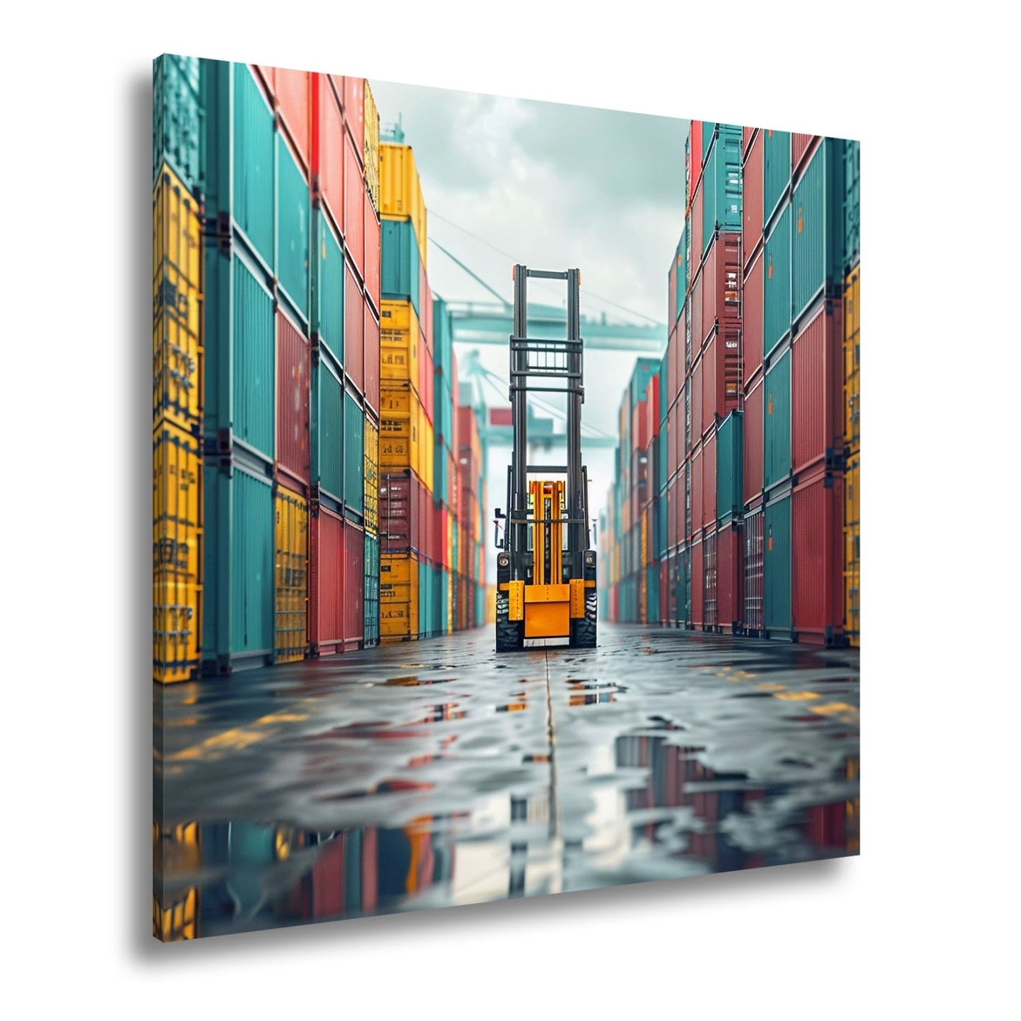 Leinwandbild Gabelstapler zwischen bunten Containern XXL – Industrie Wandbild - deyoli