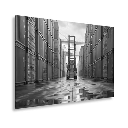 Leinwandbild Gabelstapler zwischen bunten Containern XXL – Industrie Wandbild - deyoli