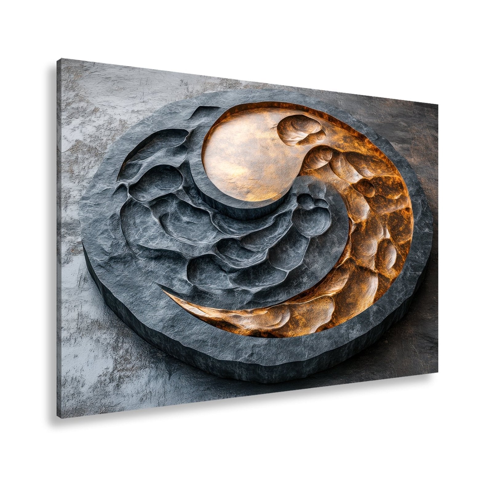 Leinwandbild Gehämmertes Yin - Yang glüht wie Feuer im dunklen Stein - deyoli