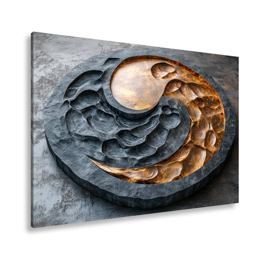 Leinwandbild Gehämmertes Yin - Yang glüht wie Feuer im dunklen Stein - deyoli