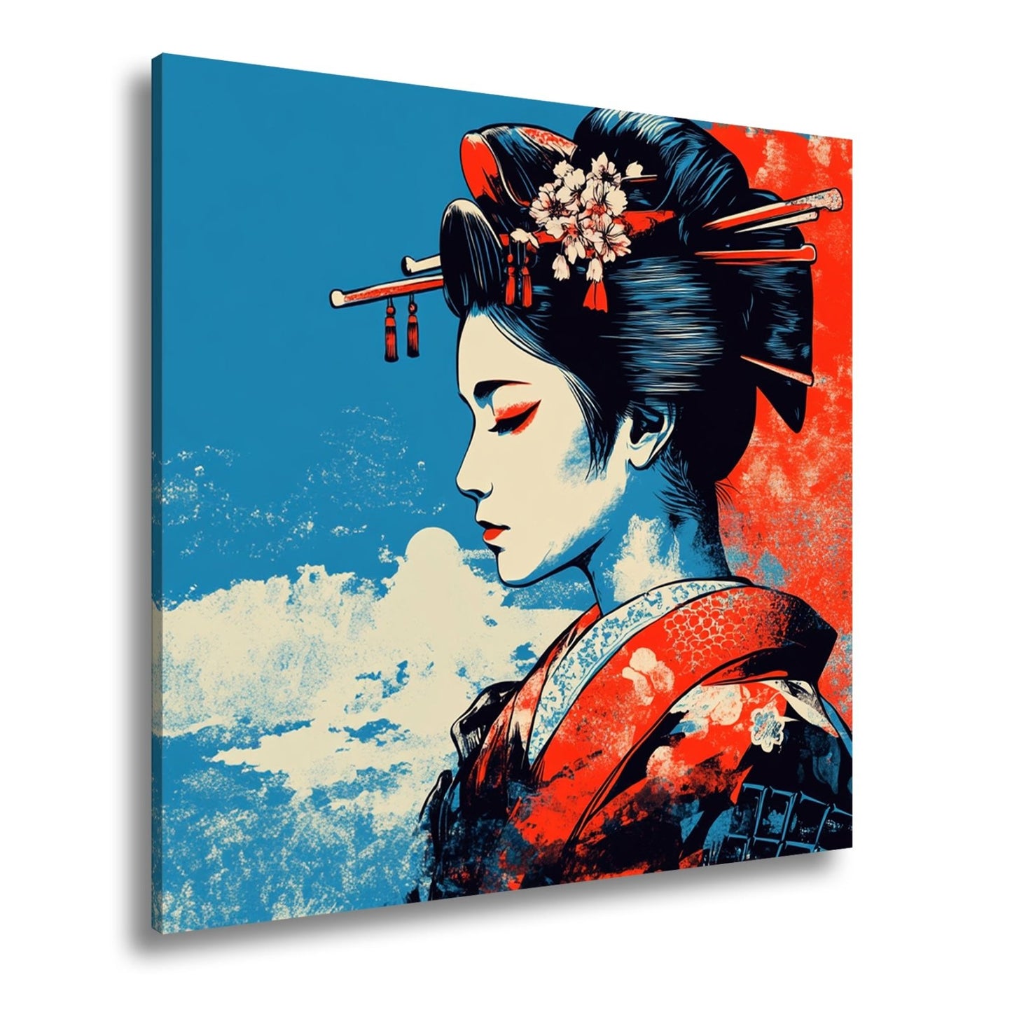 Leinwandbild Geisha in Rot und Blau – Anmut im Kontrast der Farben. - deyoli