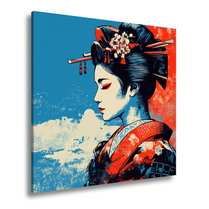Leinwandbild Geisha in Rot und Blau – Anmut im Kontrast der Farben. - deyoli