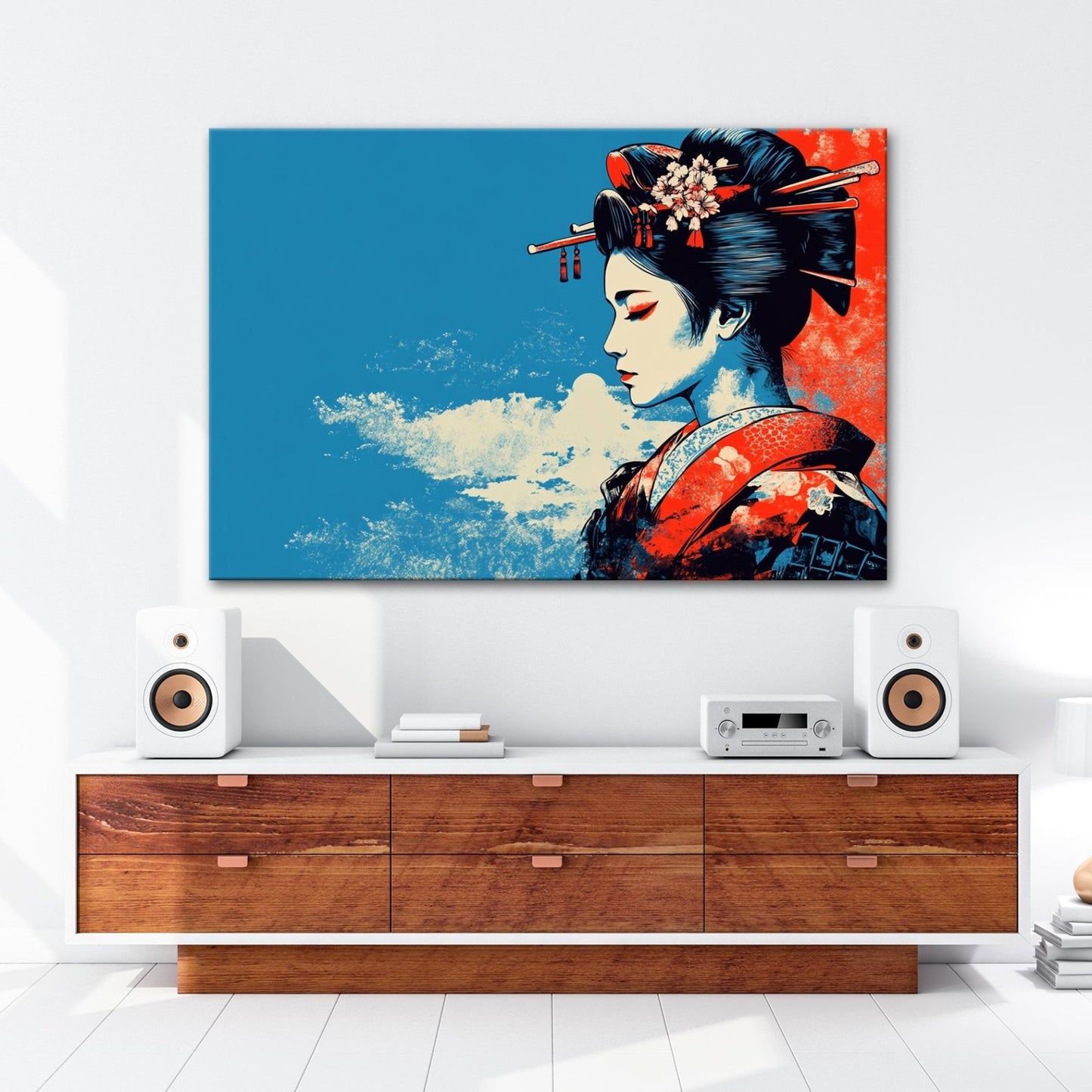 Leinwandbild Geisha in Rot und Blau – Anmut im Kontrast der Farben. - deyoli