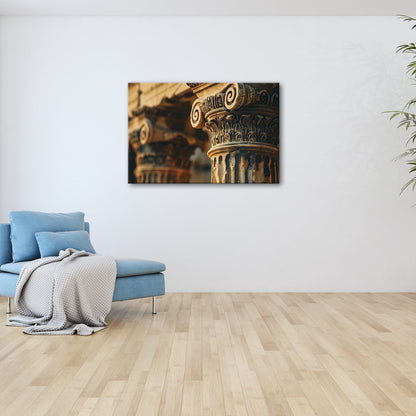 Leinwandbild Gemeißelte Kapitelle aus Stein XXL – Architektur Wandbild Antik - deyoli