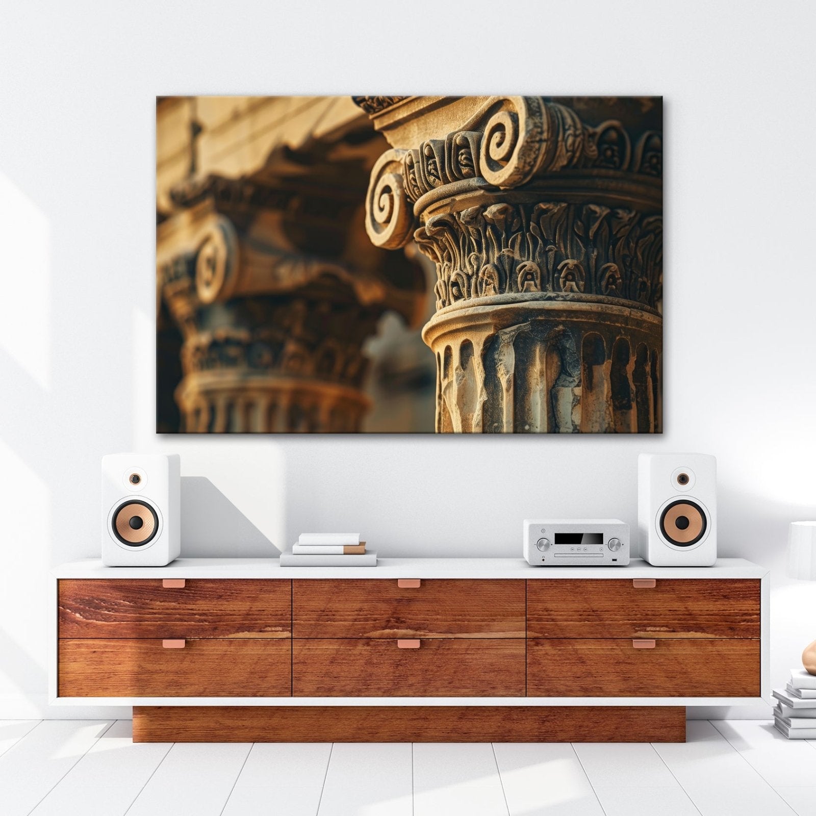 Leinwandbild Gemeißelte Kapitelle aus Stein XXL – Architektur Wandbild Antik - deyoli