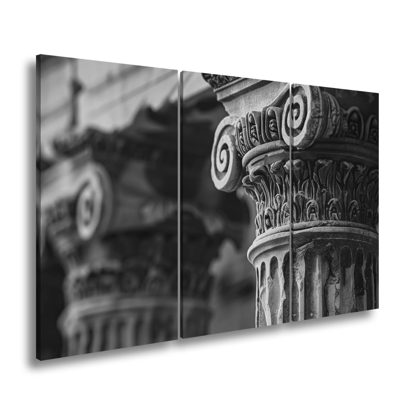 Leinwandbild Gemeißelte Kapitelle aus Stein XXL – Architektur Wandbild Antik - deyoli