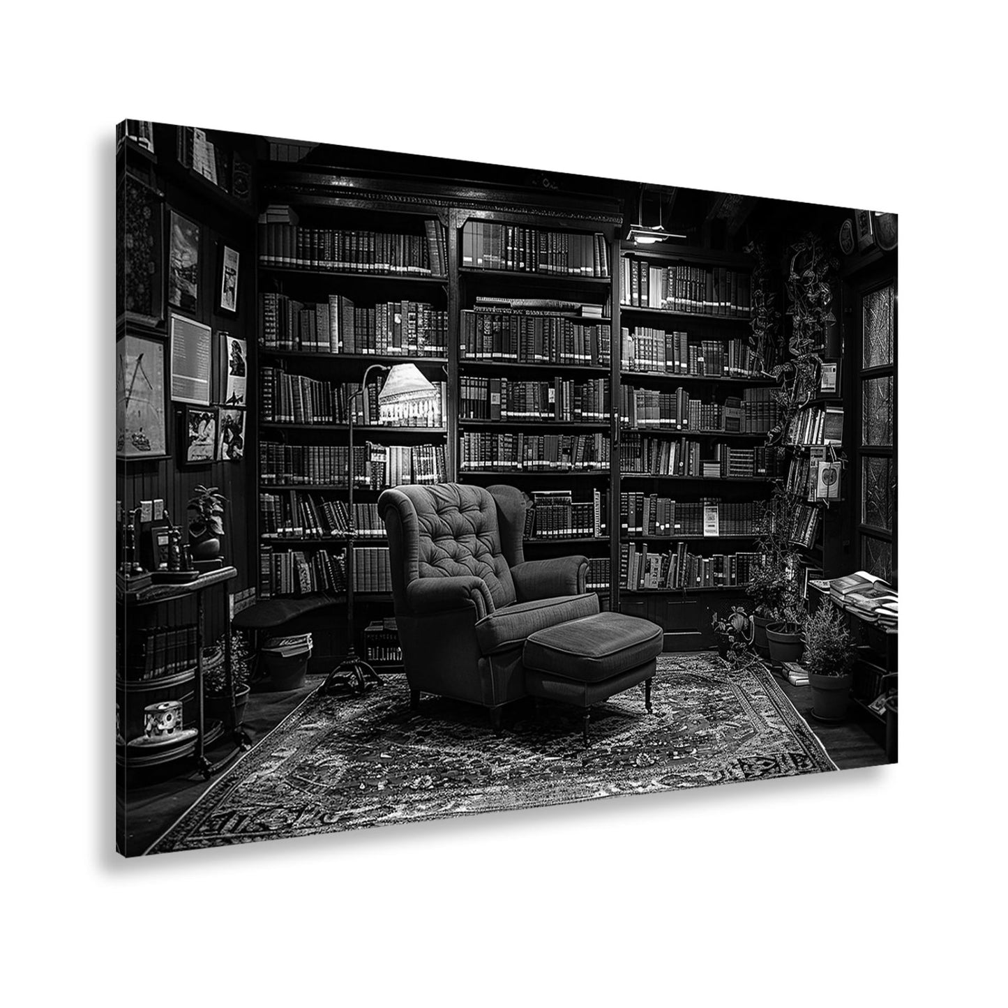 Leinwandbild Gemütliche Bibliothek mit rotem Sessel und warmem Licht - deyoli