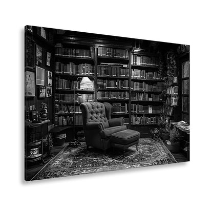 Leinwandbild Gemütliche Bibliothek mit rotem Sessel und warmem Licht - deyoli