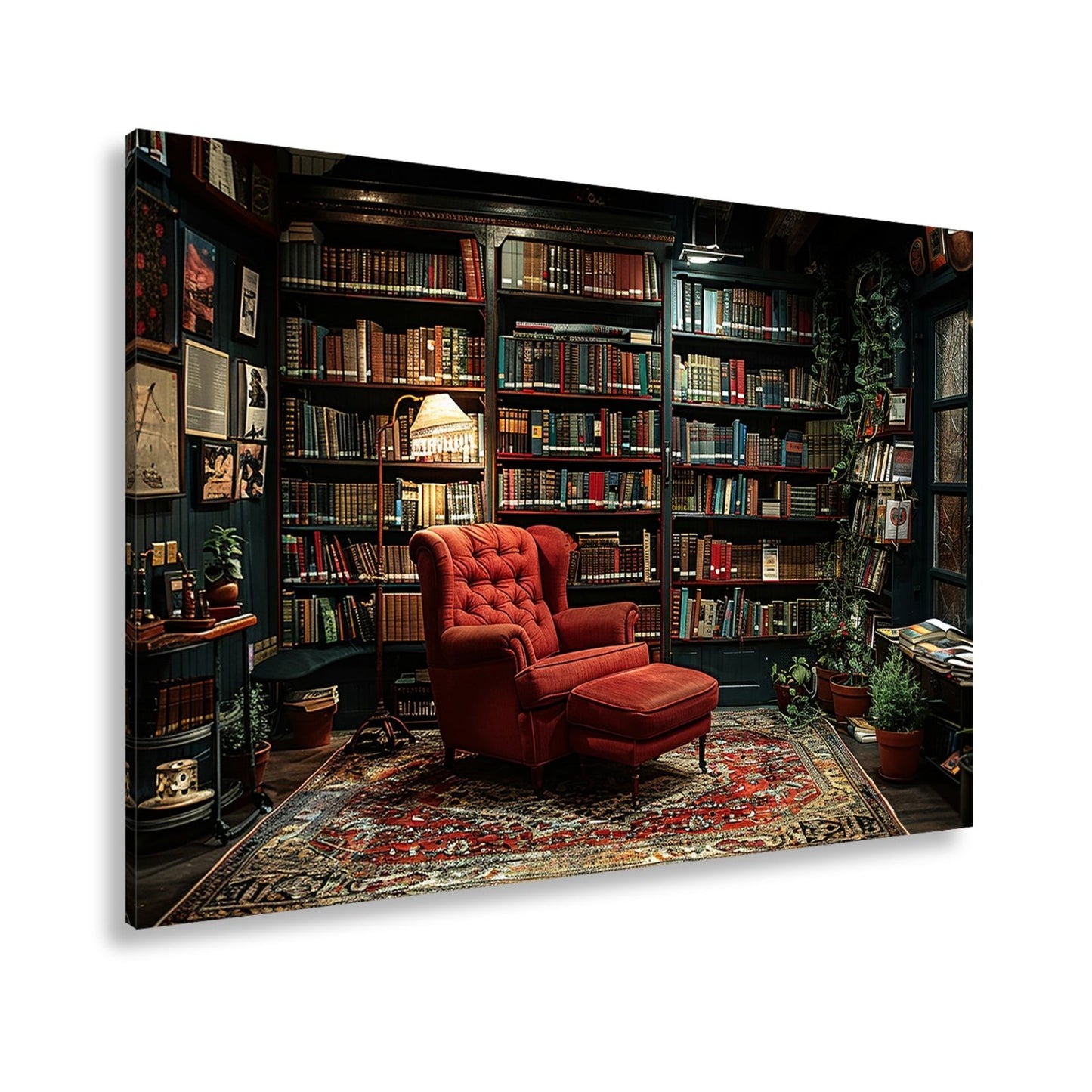 Leinwandbild Gemütliche Bibliothek mit rotem Sessel und warmem Licht - deyoli