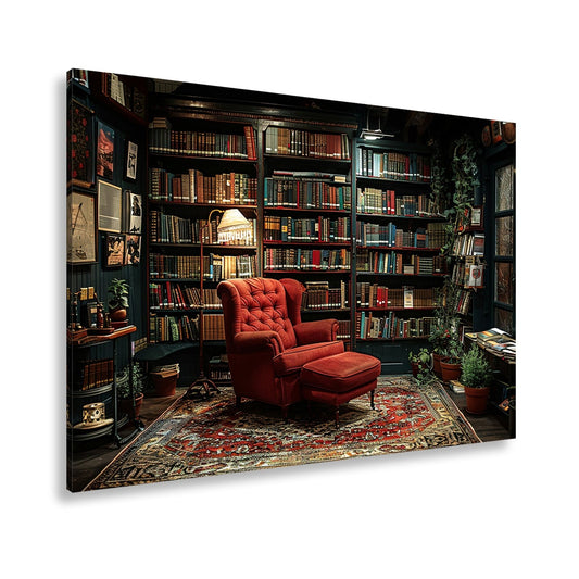 Leinwandbild Gemütliche Bibliothek mit rotem Sessel und warmem Licht - deyoli