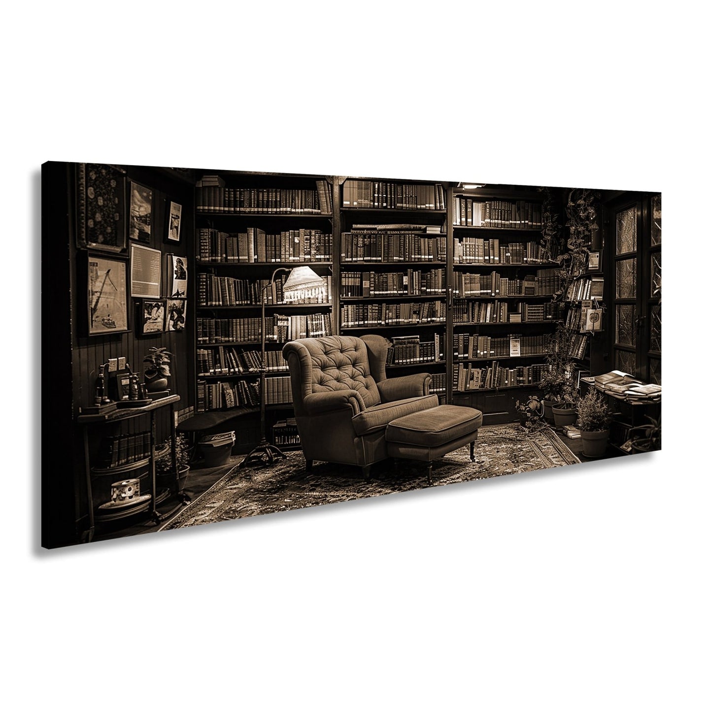 Leinwandbild Gemütliche Bibliothek mit rotem Sessel und warmem Licht - deyoli
