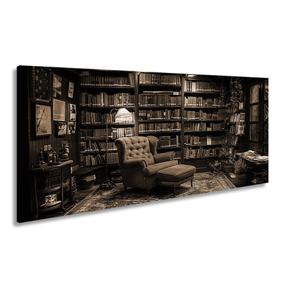 Leinwandbild Gemütliche Bibliothek mit rotem Sessel und warmem Licht - deyoli