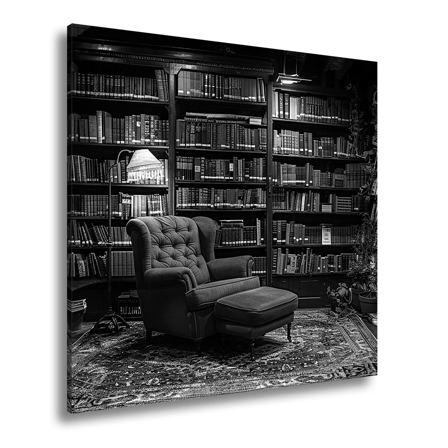 Leinwandbild Gemütliche Bibliothek mit rotem Sessel und warmem Licht - deyoli