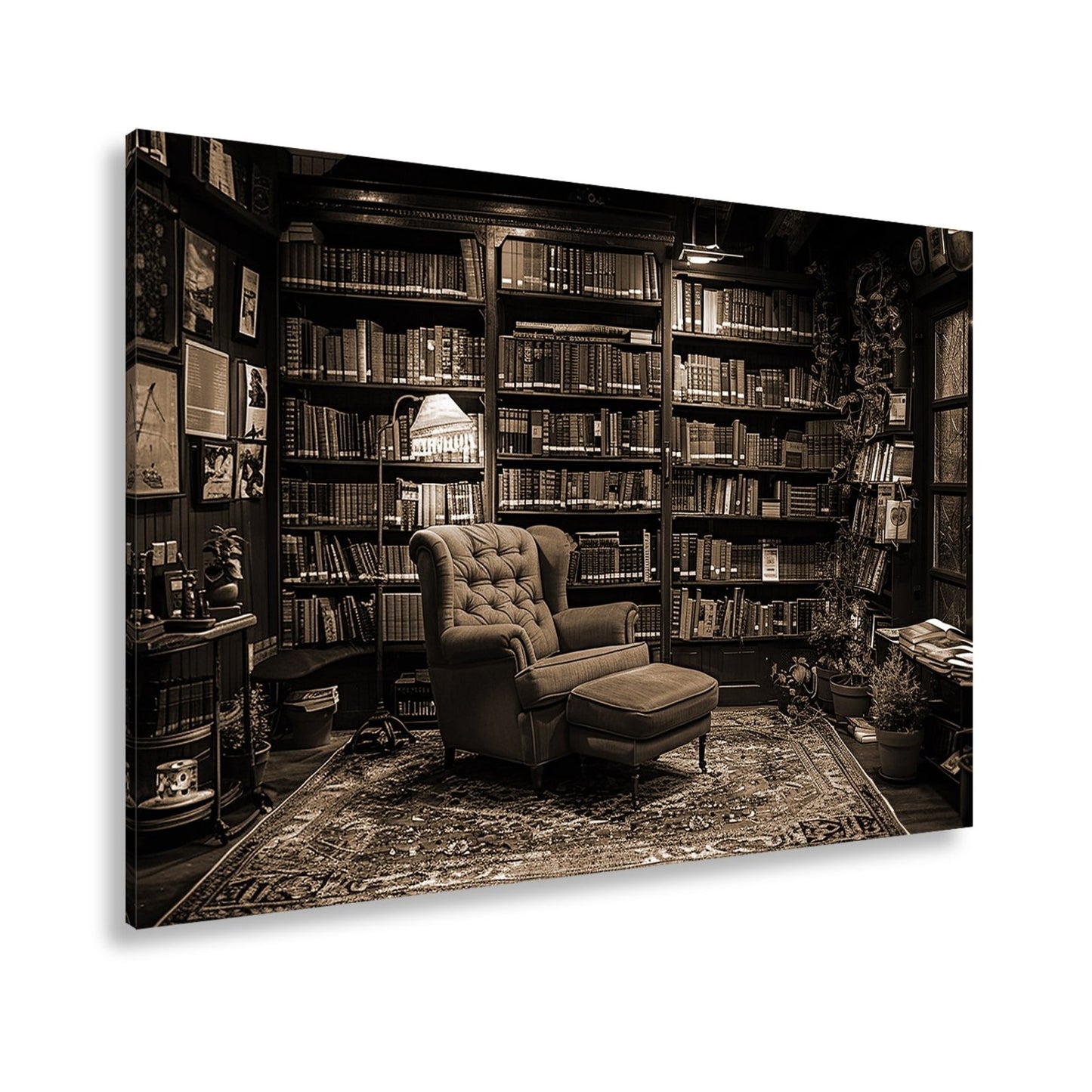 Leinwandbild Gemütliche Bibliothek mit rotem Sessel und warmem Licht - deyoli