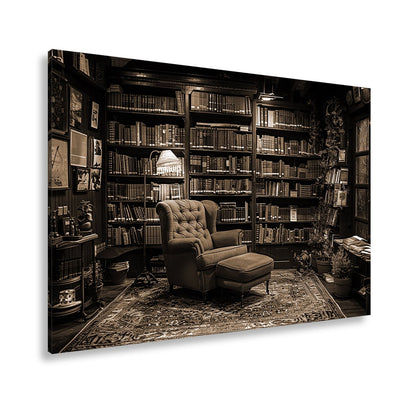 Leinwandbild Gemütliche Bibliothek mit rotem Sessel und warmem Licht - deyoli