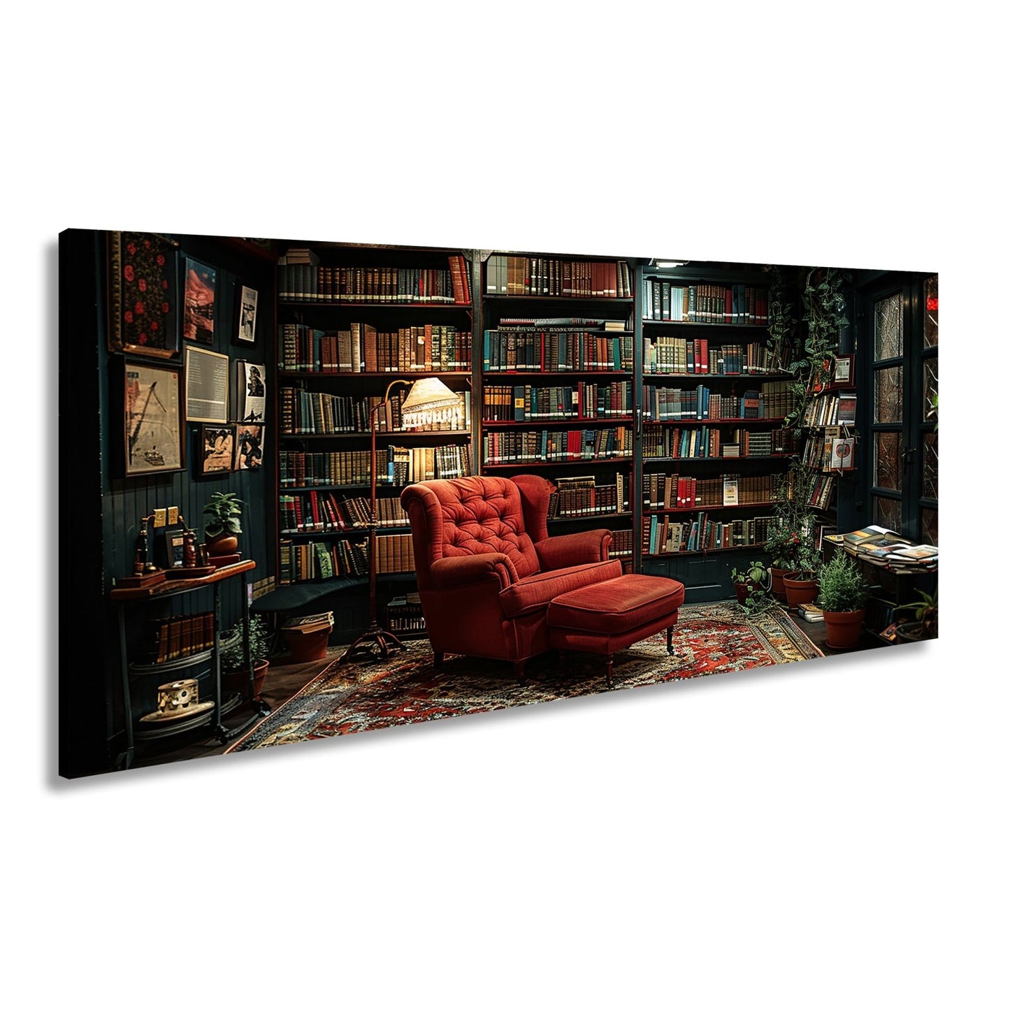 Leinwandbild Gemütliche Bibliothek mit rotem Sessel und warmem Licht - deyoli