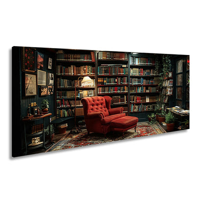 Leinwandbild Gemütliche Bibliothek mit rotem Sessel und warmem Licht - deyoli
