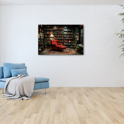 Leinwandbild Gemütliche Bibliothek mit rotem Sessel und warmem Licht - deyoli