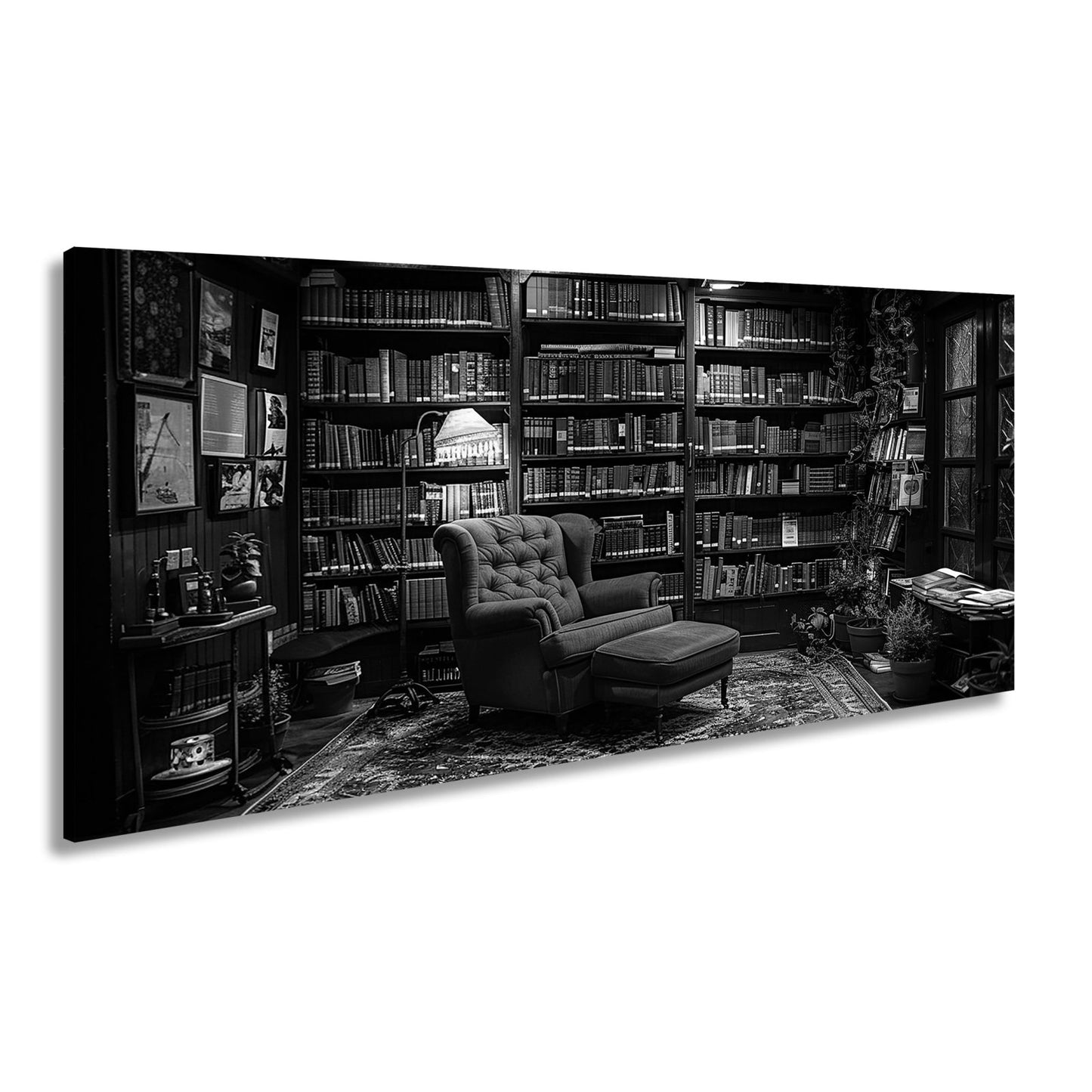 Leinwandbild Gemütliche Bibliothek mit rotem Sessel und warmem Licht - deyoli