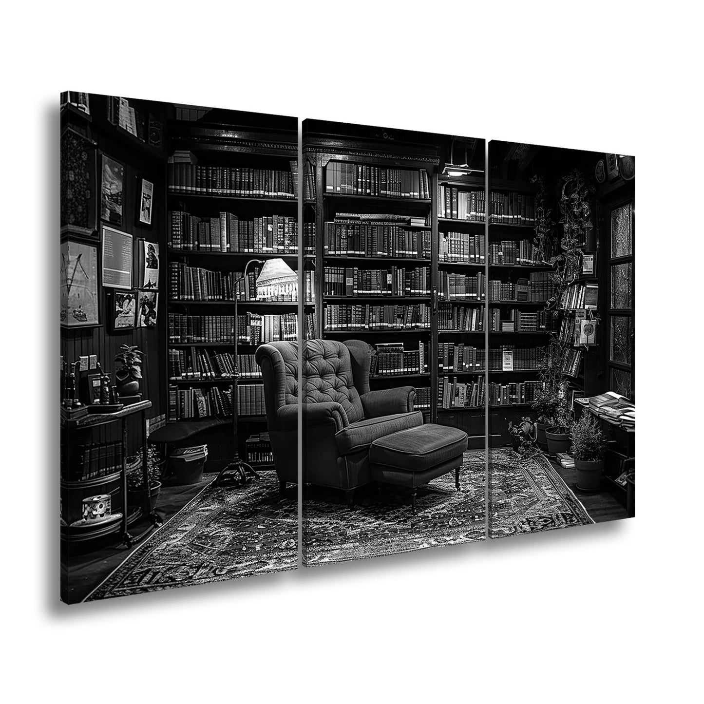 Leinwandbild Gemütliche Bibliothek mit rotem Sessel und warmem Licht - deyoli
