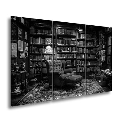 Leinwandbild Gemütliche Bibliothek mit rotem Sessel und warmem Licht - deyoli