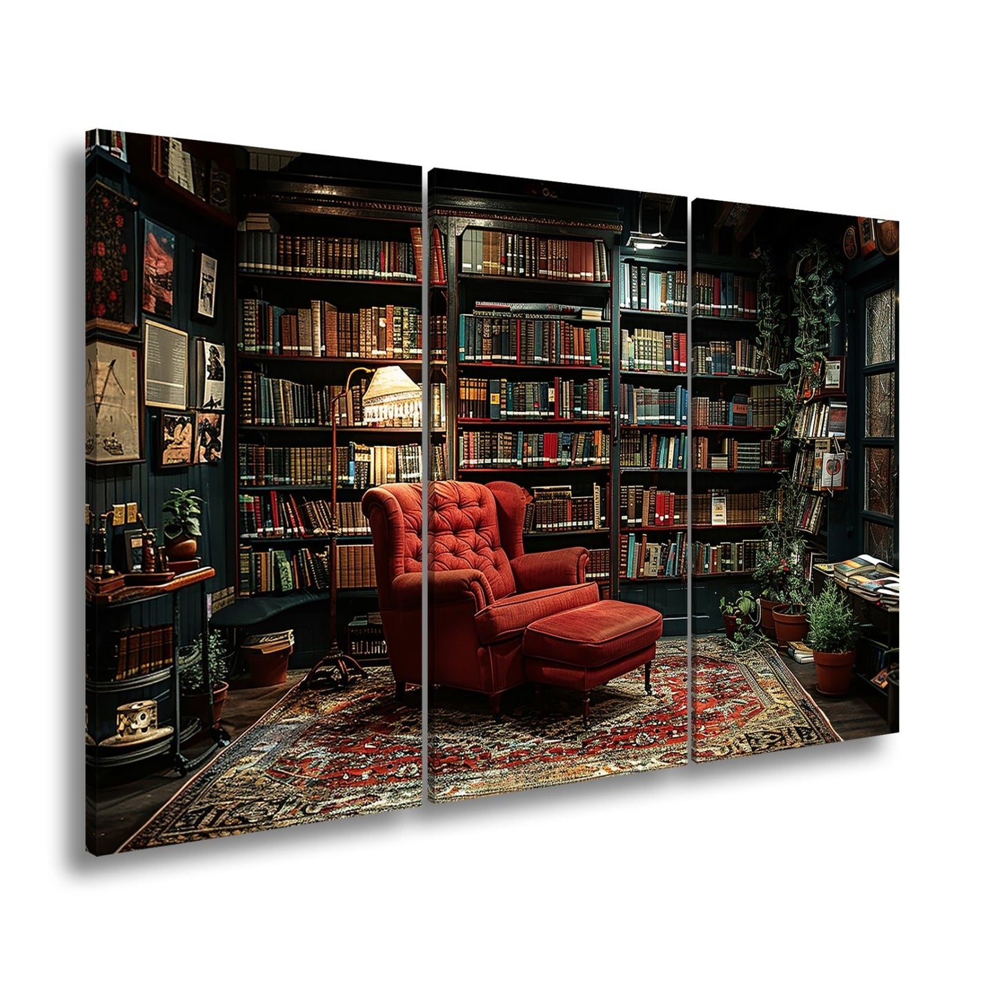 Leinwandbild Gemütliche Bibliothek mit rotem Sessel und warmem Licht - deyoli