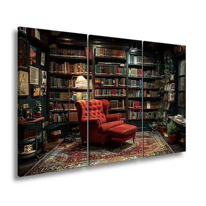 Leinwandbild Gemütliche Bibliothek mit rotem Sessel und warmem Licht - deyoli