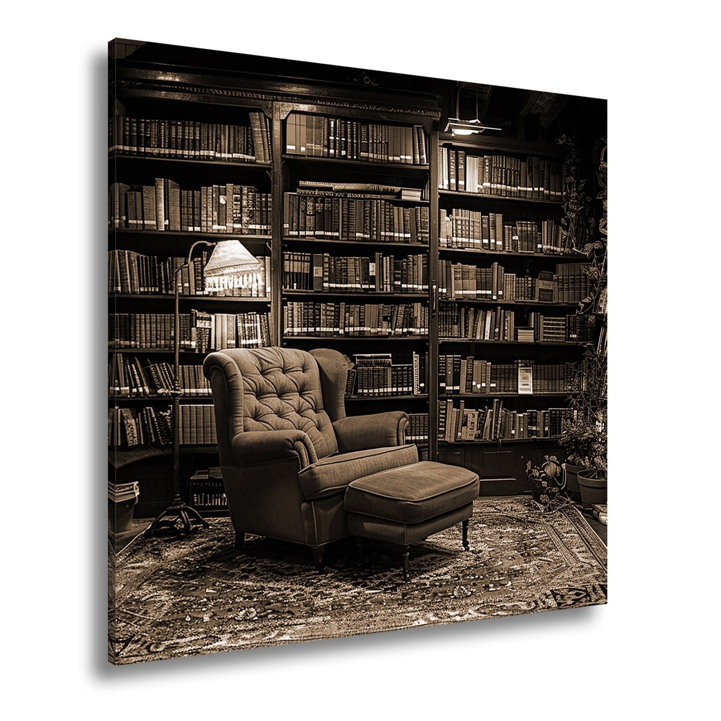 Leinwandbild Gemütliche Bibliothek mit rotem Sessel und warmem Licht - deyoli
